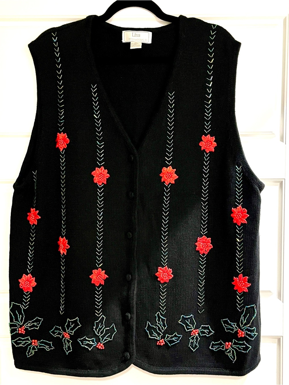 Vintage Women’s 2X Black Knit Sweater Vest With Beaded Holly and Poinsettias